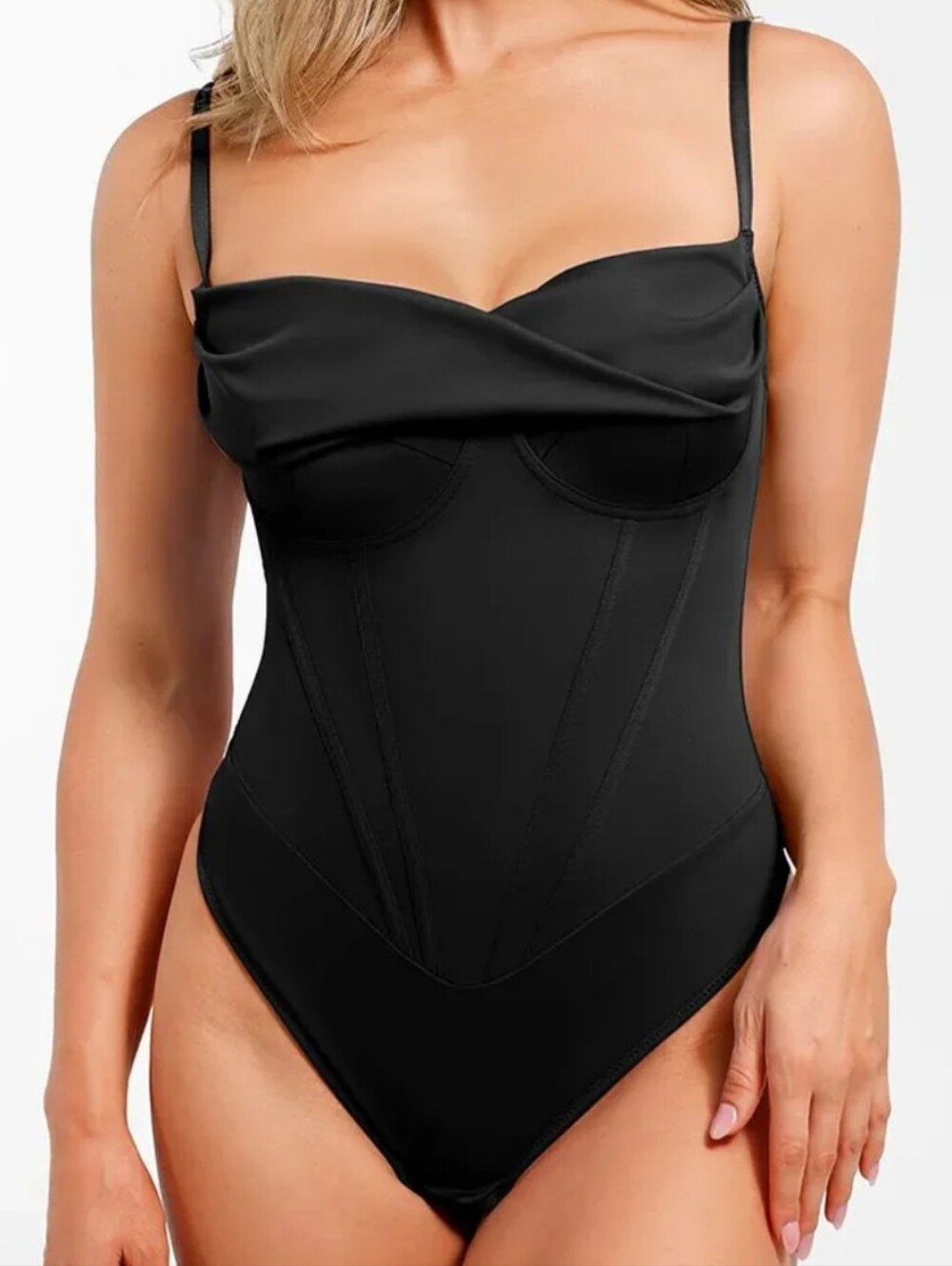 Black Sculpting Corset Thong Bodysuit Shapewear with Underwire Support